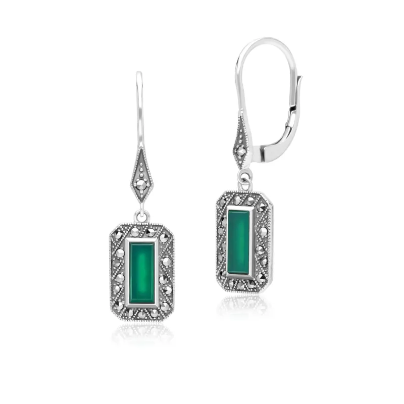 Art Deco Style Rectangle Chalcedony and Marcasite Drop Earrings in Sterling Silver sold by Gemondo Jewellery