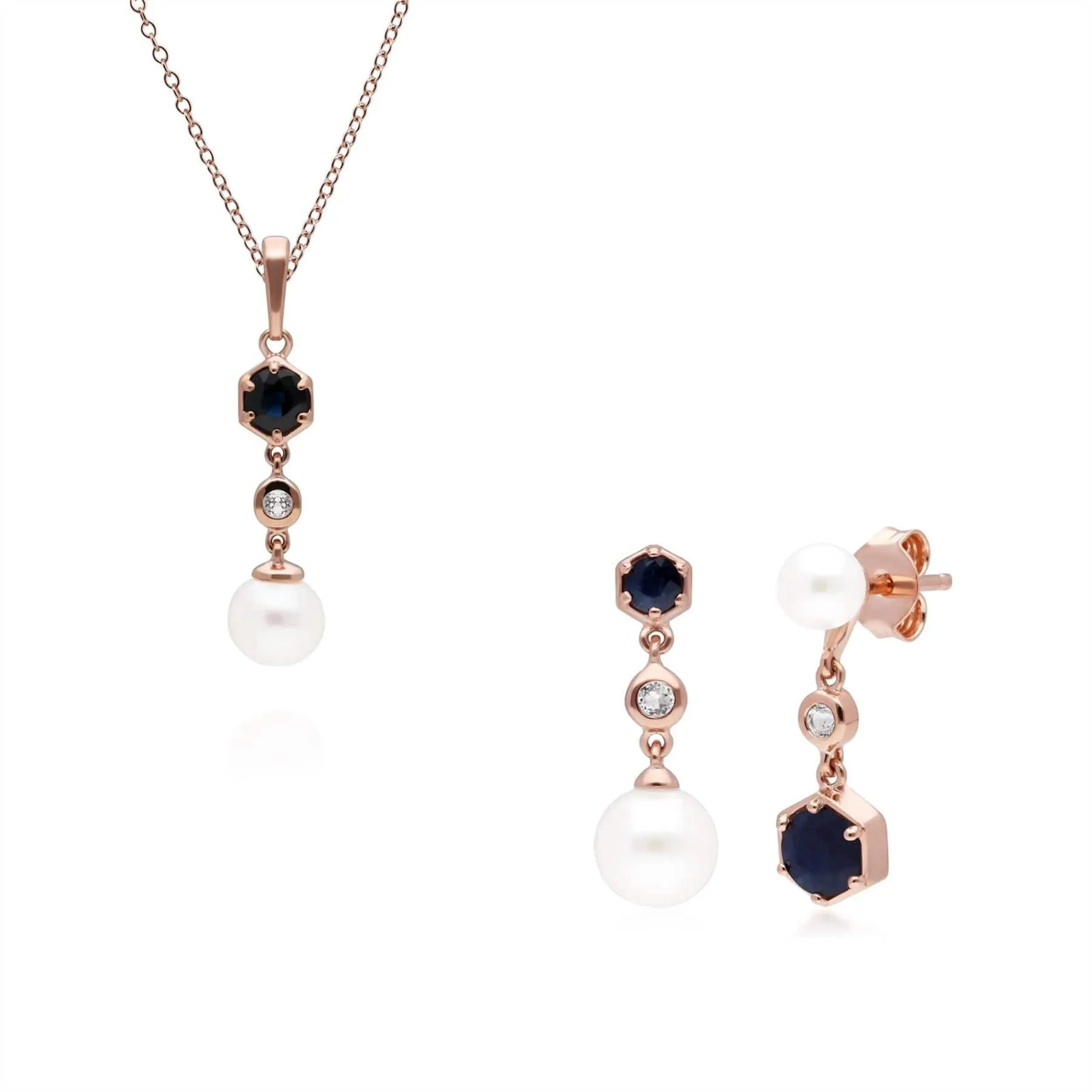 Modern Pearl, Sapphire & Topaz Pendant & Earring Rose Gold Plated Set sold by Gemondo Jewellery