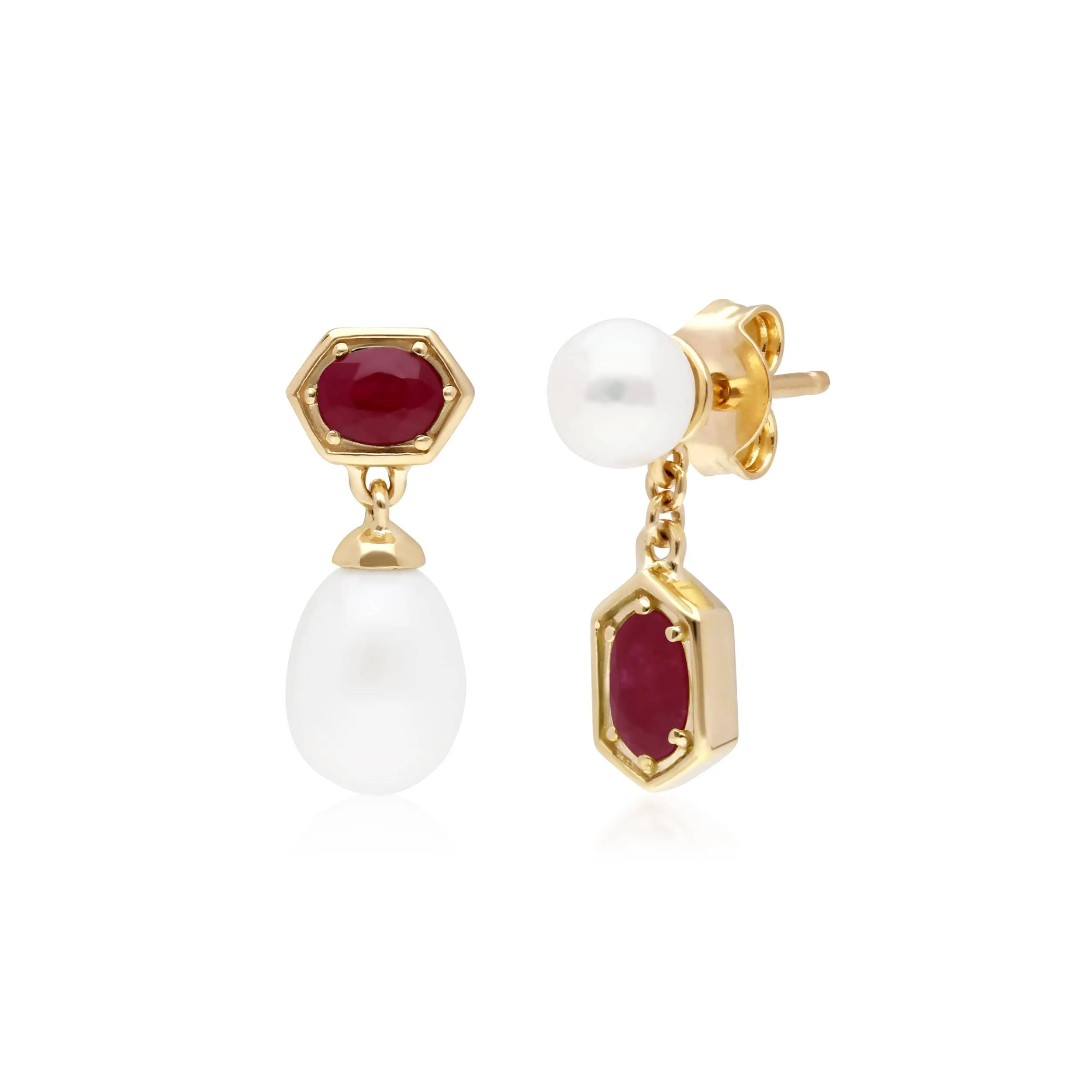 Modern Pearl & Ruby Mismatched Drop Earrings in Gold Plated Silver sold by Gemondo Jewellery