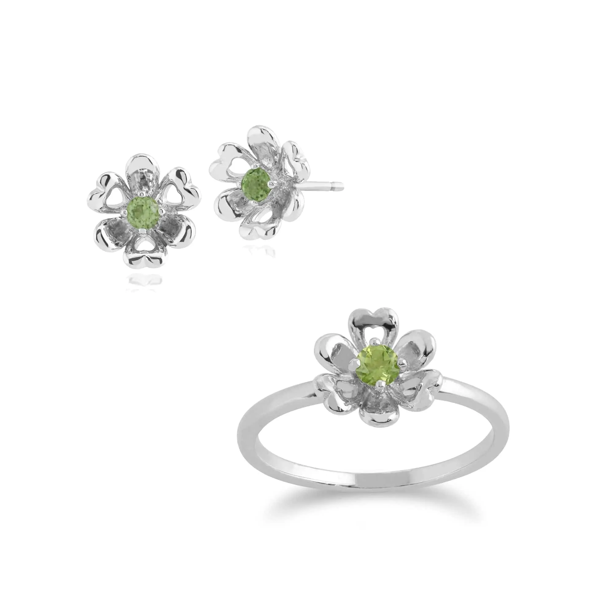 Floral Round Peridot Daisy Flower Stud Earrings & Ring Set sold by Gemondo Jewellery