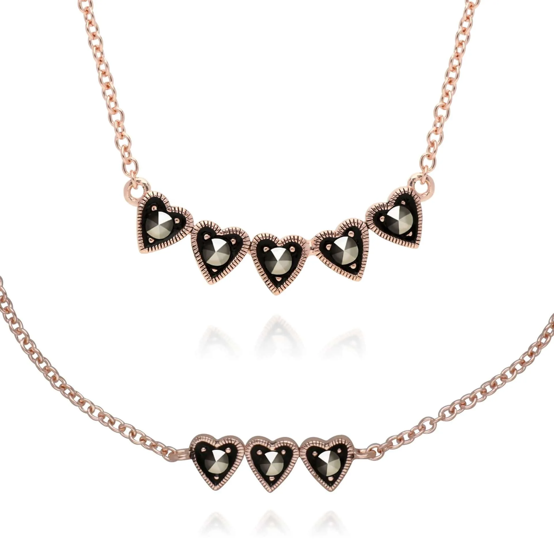 Rose Gold Plated Marcasite Heart Bracelet & Necklace Set in 925 Sterling Silver sold by Gemondo Jewellery
