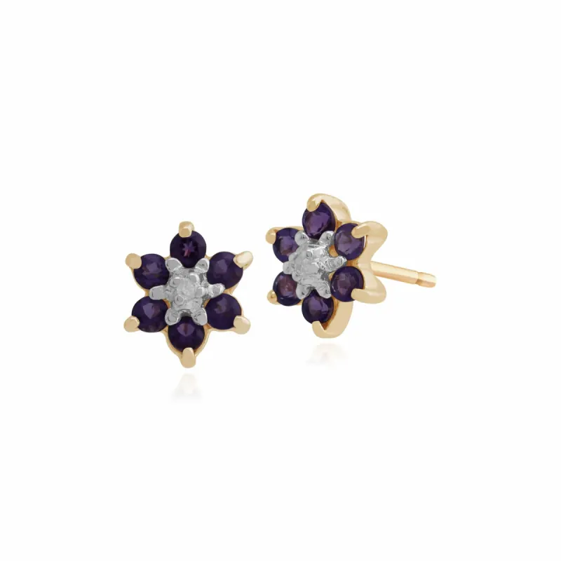 Floral Round Amethyst & Diamond Cluster Stud Earrings in 9ct Yellow Gold sold by Gemondo Jewellery