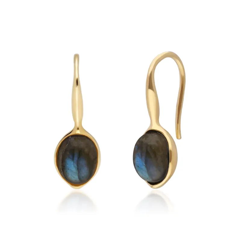 Irregular B Gem Labradorite Drop Earrings in Yellow Gold Plated Silver sold by Gemondo Jewellery