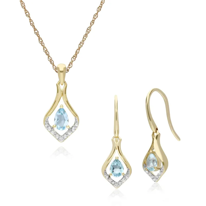 Classic Oval Blue Topaz & Diamond Leaf Drop Earrings & Pendant Set in 9ct Yellow Gold sold by Gemondo Jewellery
