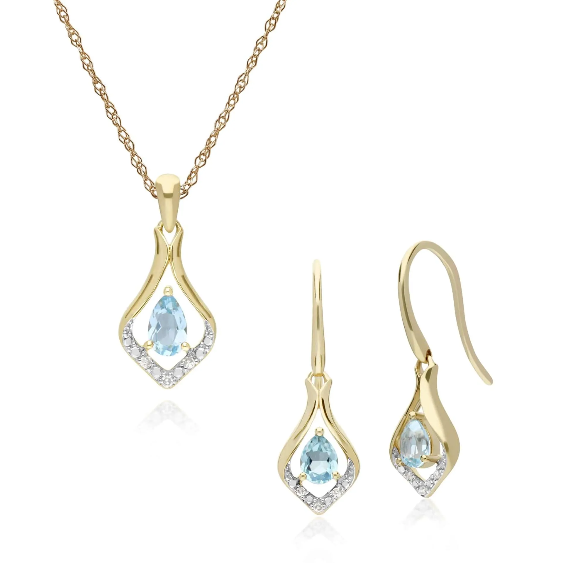 Classic Oval Blue Topaz & Diamond Leaf Drop Earrings & Pendant Set in 9ct Yellow Gold sold by Gemondo Jewellery