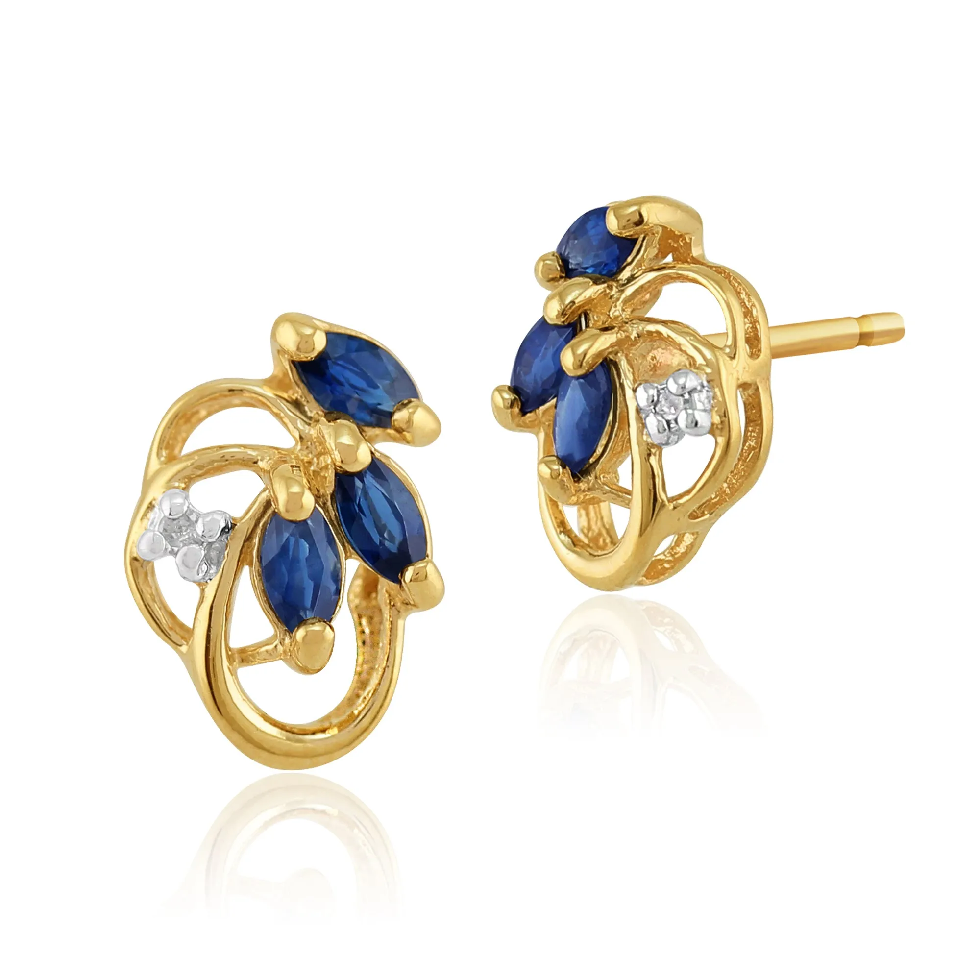 Floral Marquise Sapphire & Diamond Stud Earrings in 9ct Yellow Gold sold by Gemondo Jewellery