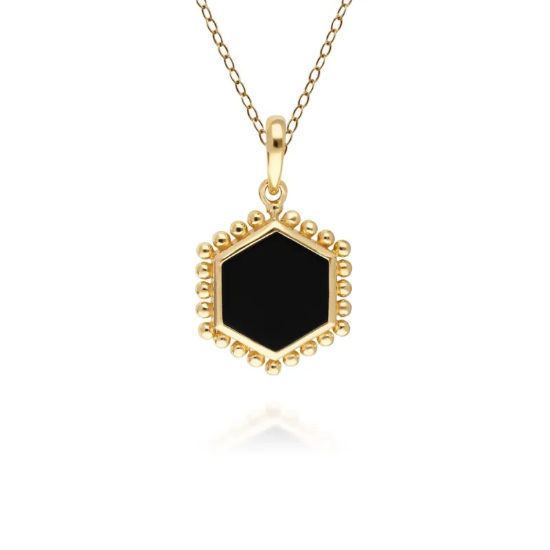 Black Onyx Flat Slice Hex Pendant in Gold Plated Sterling Silver sold by Gemondo Jewellery