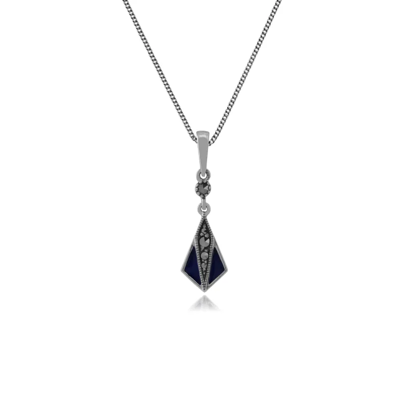 Gemondo Sterling Silver Blue Enamel & Marcasite Art Deco Pendant on 45cm Chain sold by Gemondo Jewellery