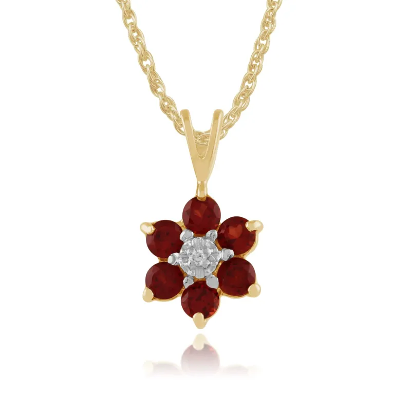 Floral Round Garnet & Diamond Cluster Pendant in 9ct Yellow Gold sold by Gemondo Jewellery