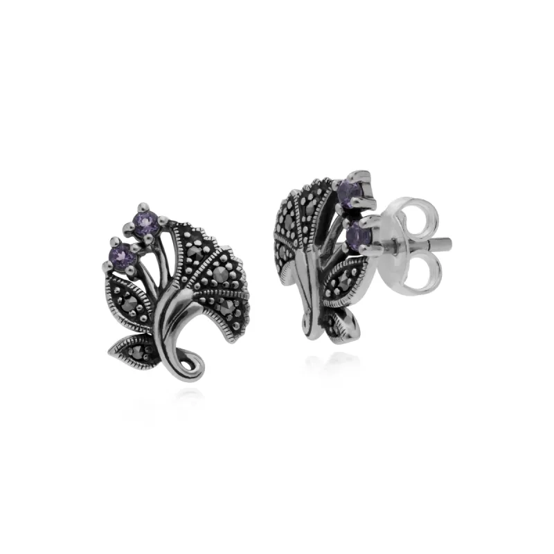 Gemondo Sterling Silver Amethyst & Marcasite February Art Nouveau Stud Earrings sold by Gemondo Jewellery