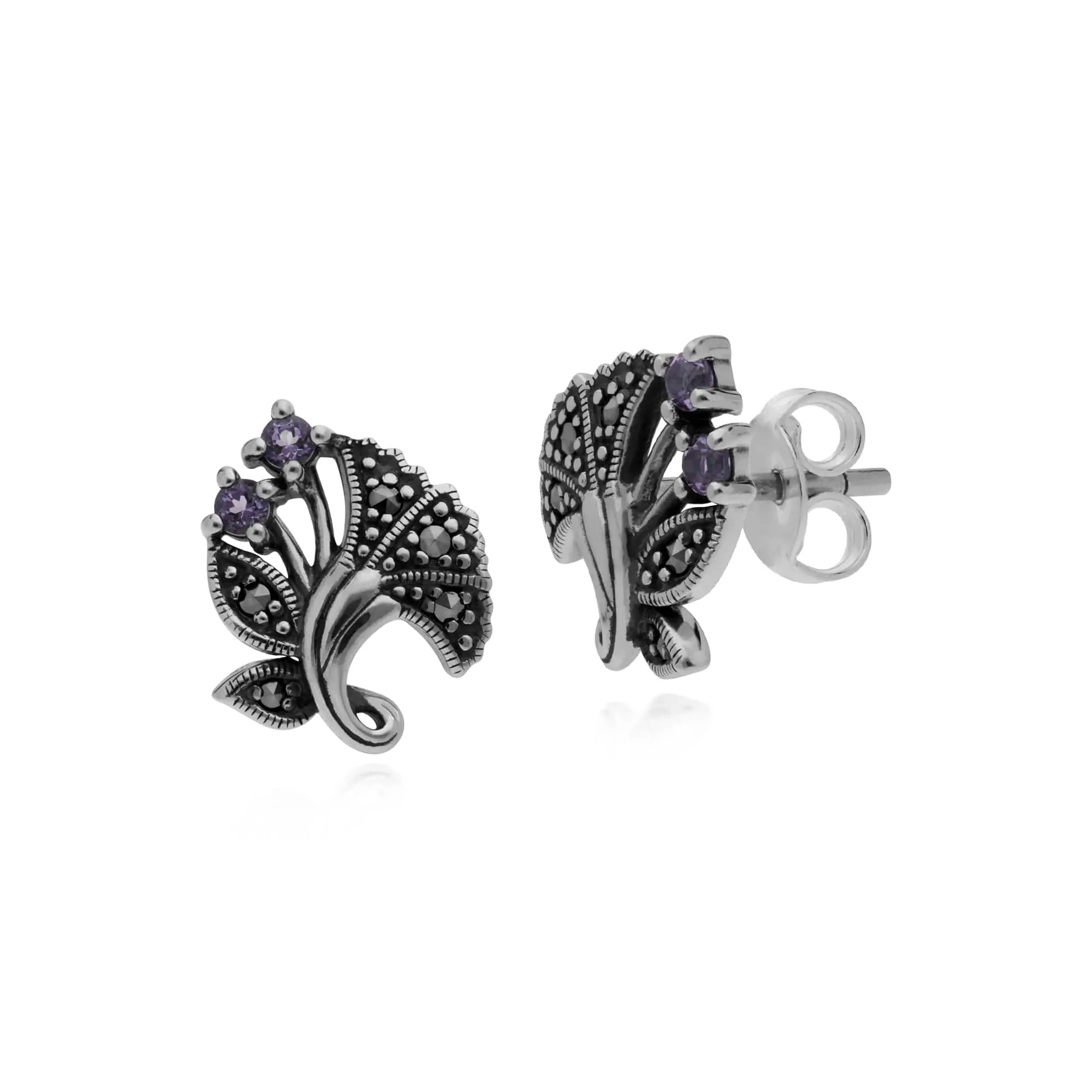 Gemondo Sterling Silver Amethyst & Marcasite February Art Nouveau Stud Earrings sold by Gemondo Jewellery
