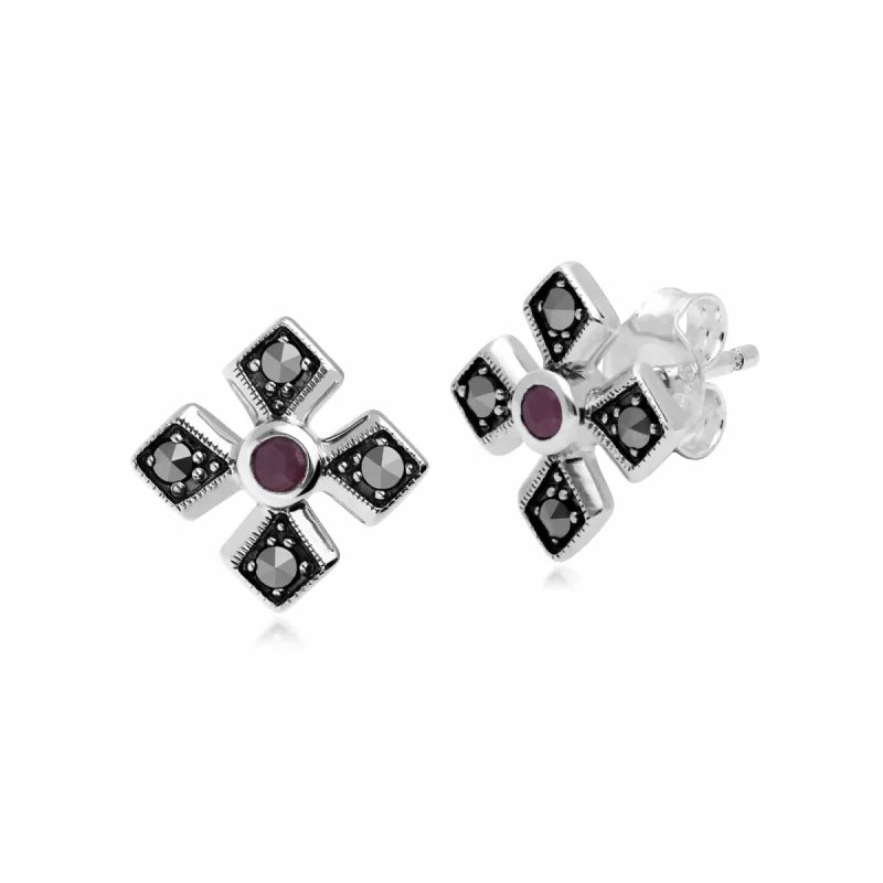 Gemondo Sterling Silver Marcasite & Ruby July Birthstone Earrings sold by Gemondo Jewellery