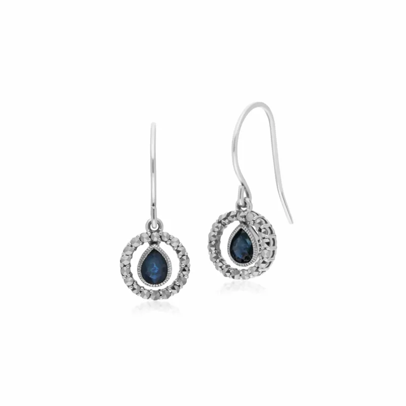 Classic Pear Sapphire & Marcasite Round Halo Drop Earrings in 925 Sterling Silver sold by Gemondo Jewellery