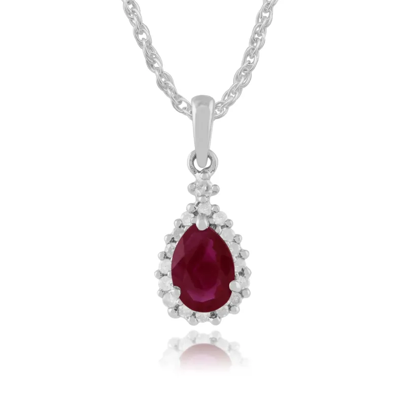 Classic Pear Ruby & Diamond Cluster Pendant in 9ct White Gold sold by Gemondo Jewellery