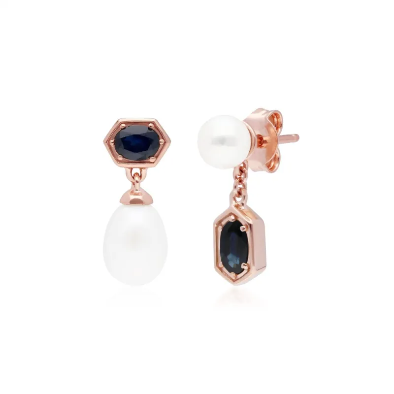 Modern Pearl & Sapphire Mismatched Drop Earrings in Rose Gold Plated Silver sold by Gemondo Jewellery