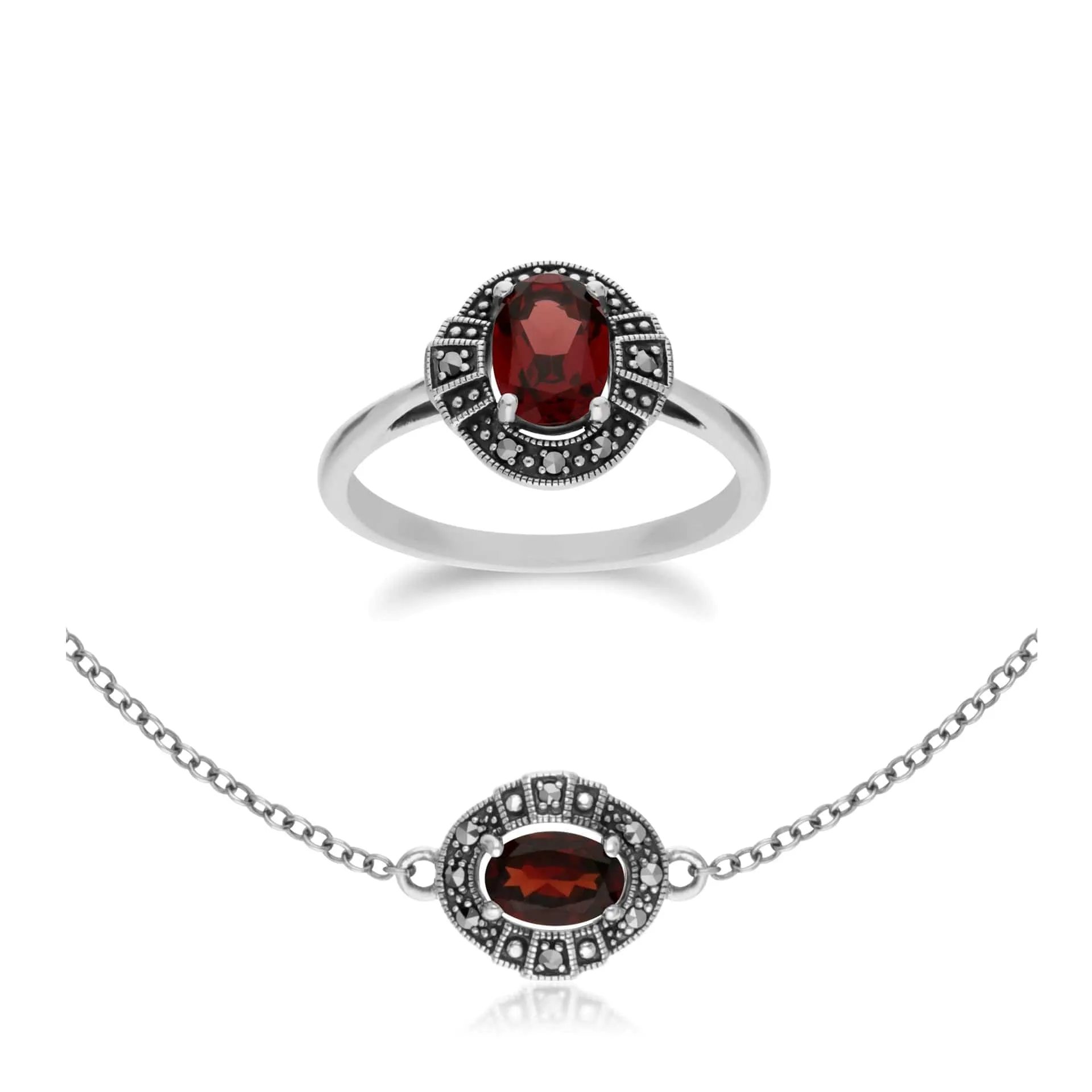 Art Deco Style Oval Garnet and Marcasite Cluster Ring & Bracelet Set in 925 Sterling Silver sold by Gemondo Jewellery