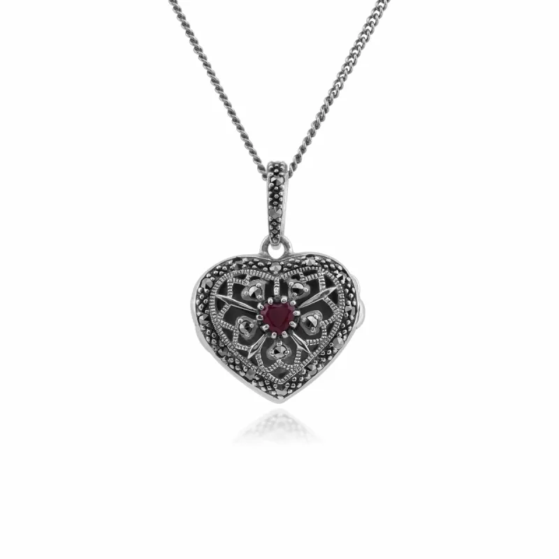 Art Nouveau Style Round Ruby & Marcasite Silver Heart Necklace sold by Gemondo Jewellery