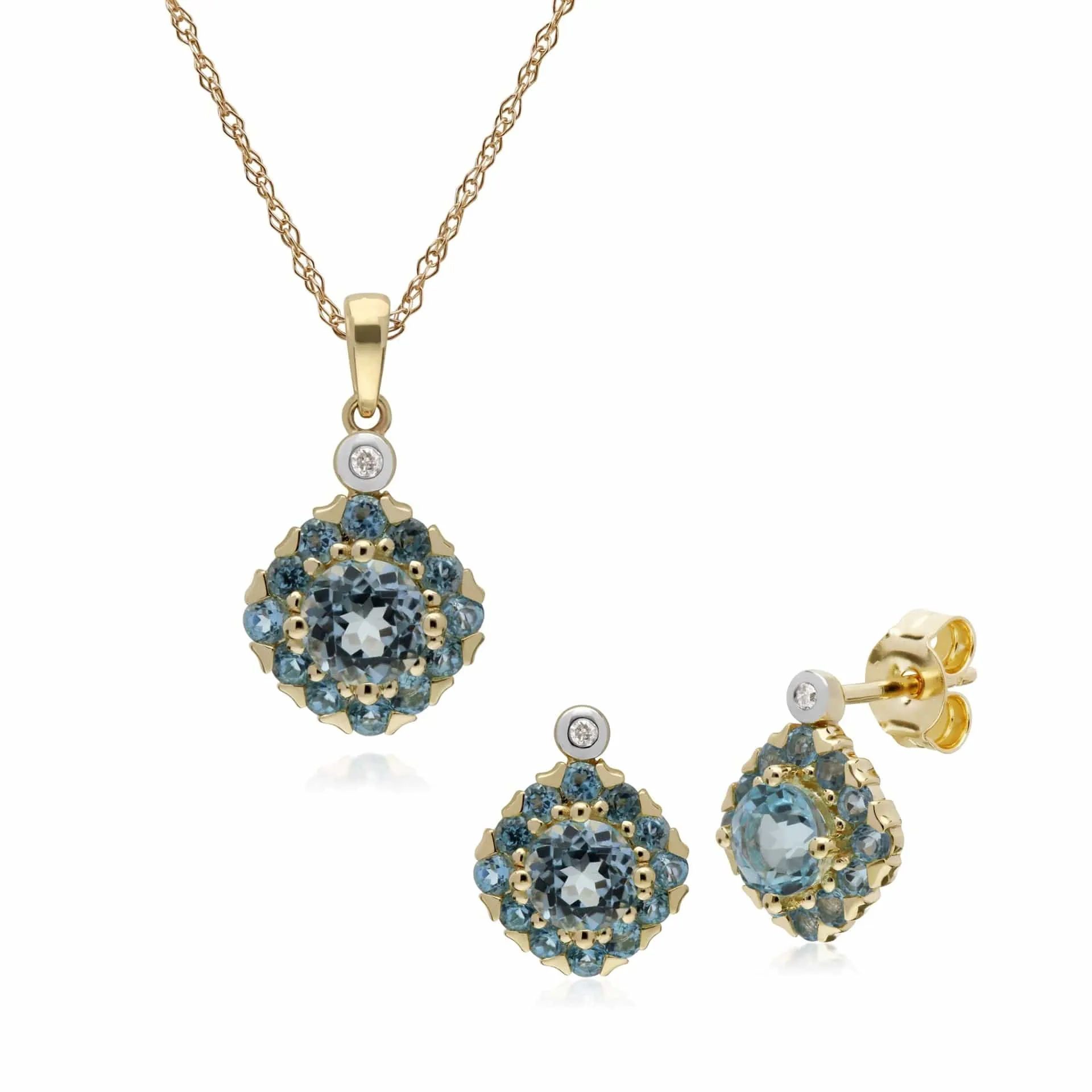 Classic Round Blue Topaz & Diamond Square Cluster Stud Earrings & Pendant Set in 9ct Yellow Gold sold by Gemondo Jewellery