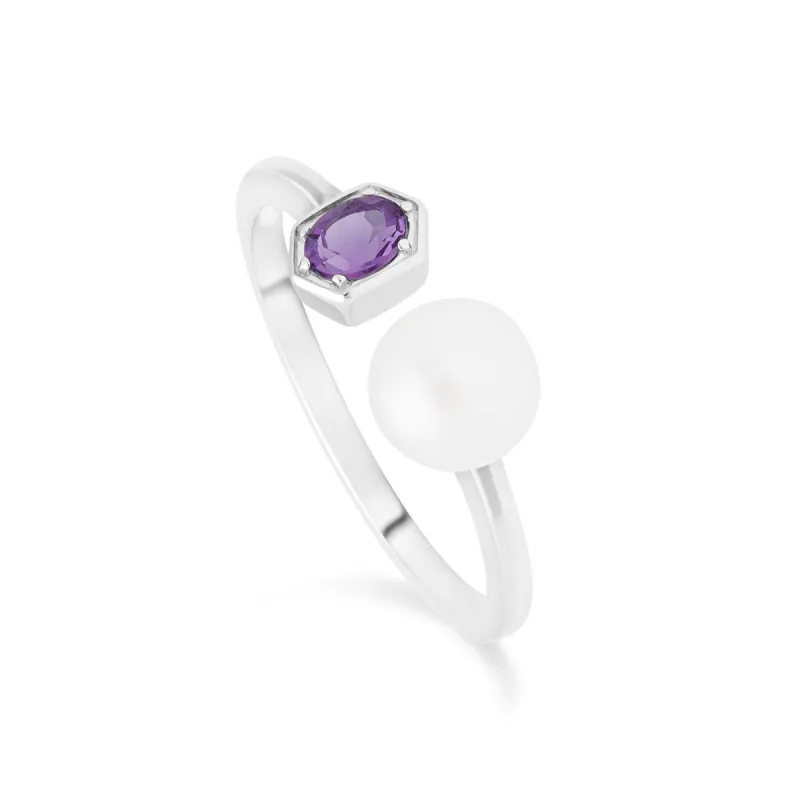 Modern Pearl & Amethyst Open Ring in 925 Sterling Silver sold by Gemondo Jewellery