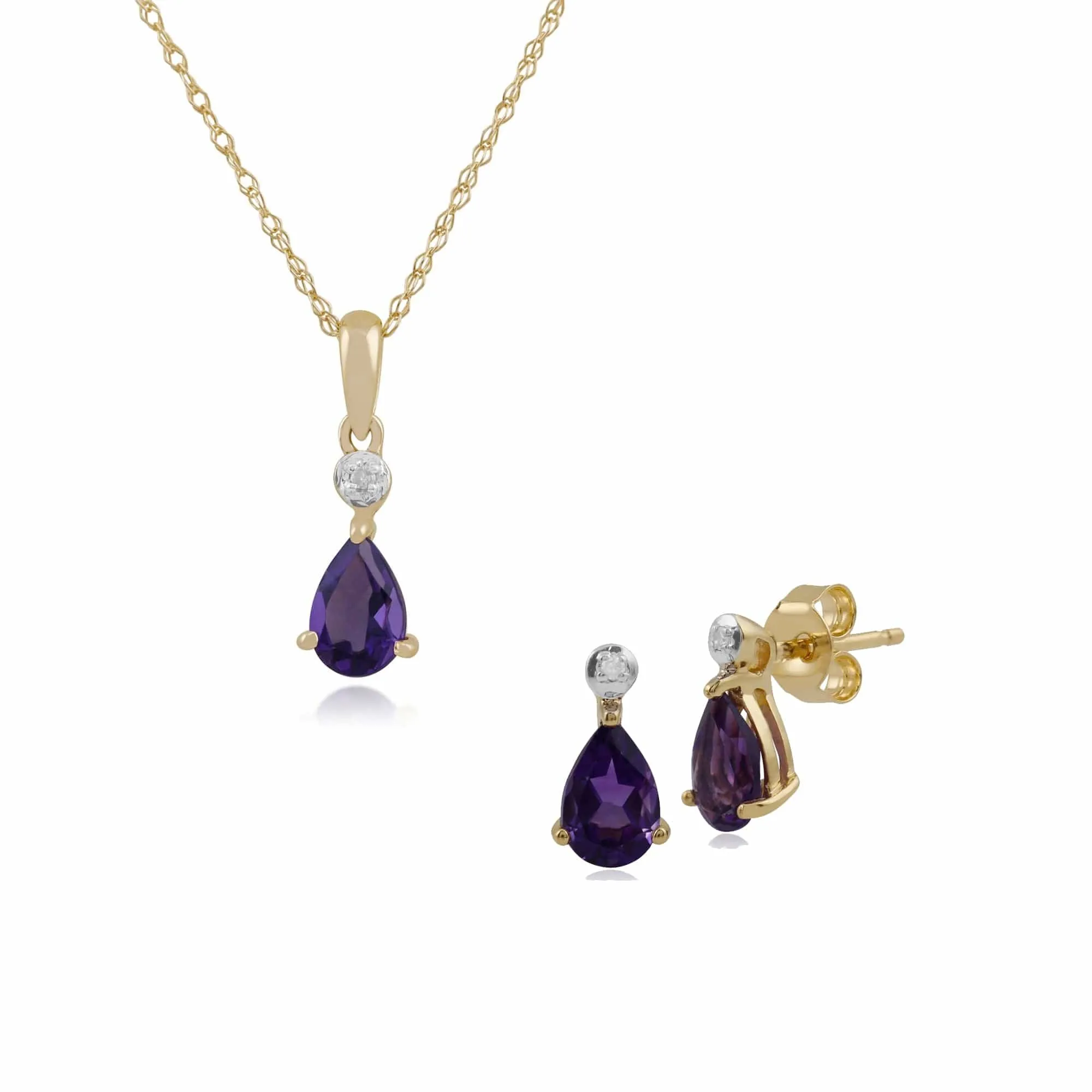 Classic Pear Amethyst & Diamond Stud Earrings & Pendant Set in 9ct Yellow Gold sold by Gemondo Jewellery