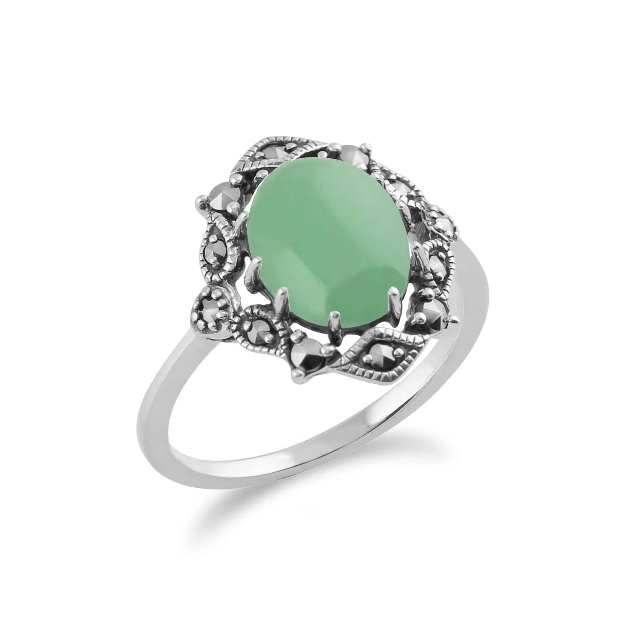 Art Nouveau Style Oval Green Jade Cabochon & Marcasite Statement Ring sold by Gemondo Jewellery product image thumbnail 2