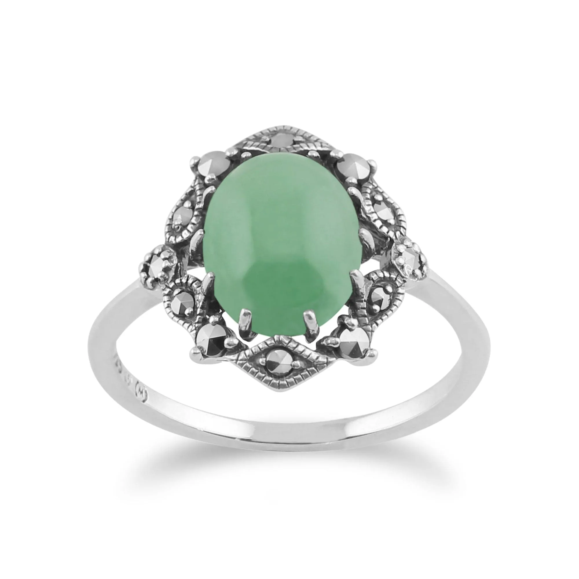 Art Nouveau Style Oval Green Jade Cabochon & Marcasite Statement Ring sold by Gemondo Jewellery
