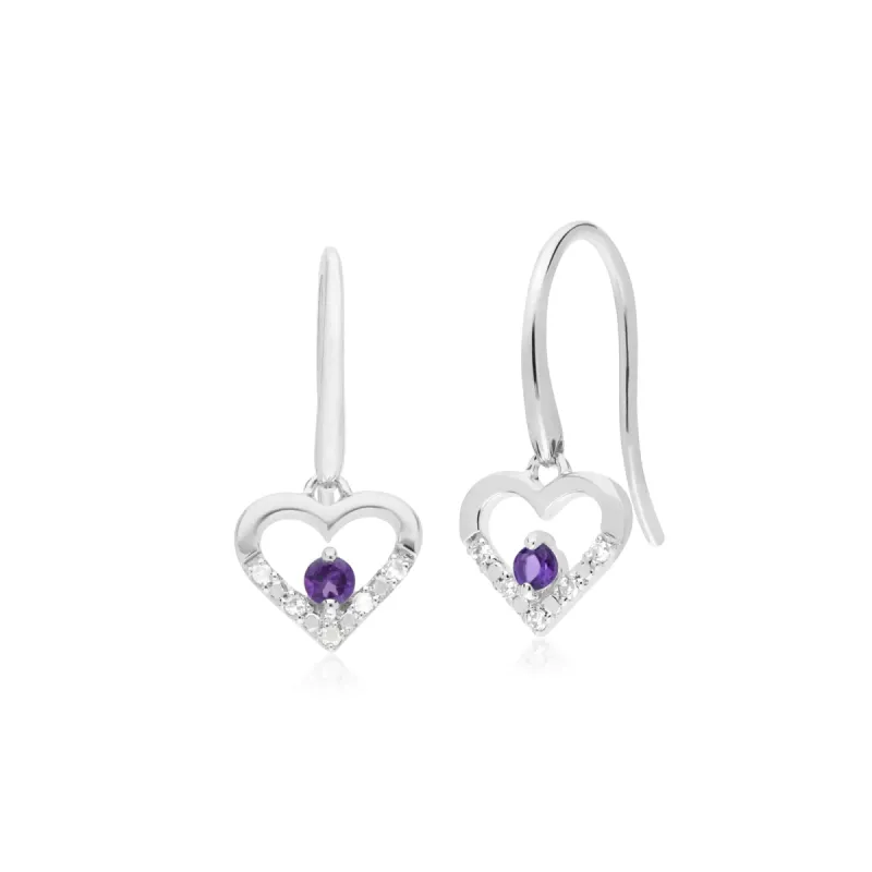 Classic Round Amethyst & Diamond Love Heart Shaped Drop Earrings in 9ct White Gold sold by Gemondo Jewellery
