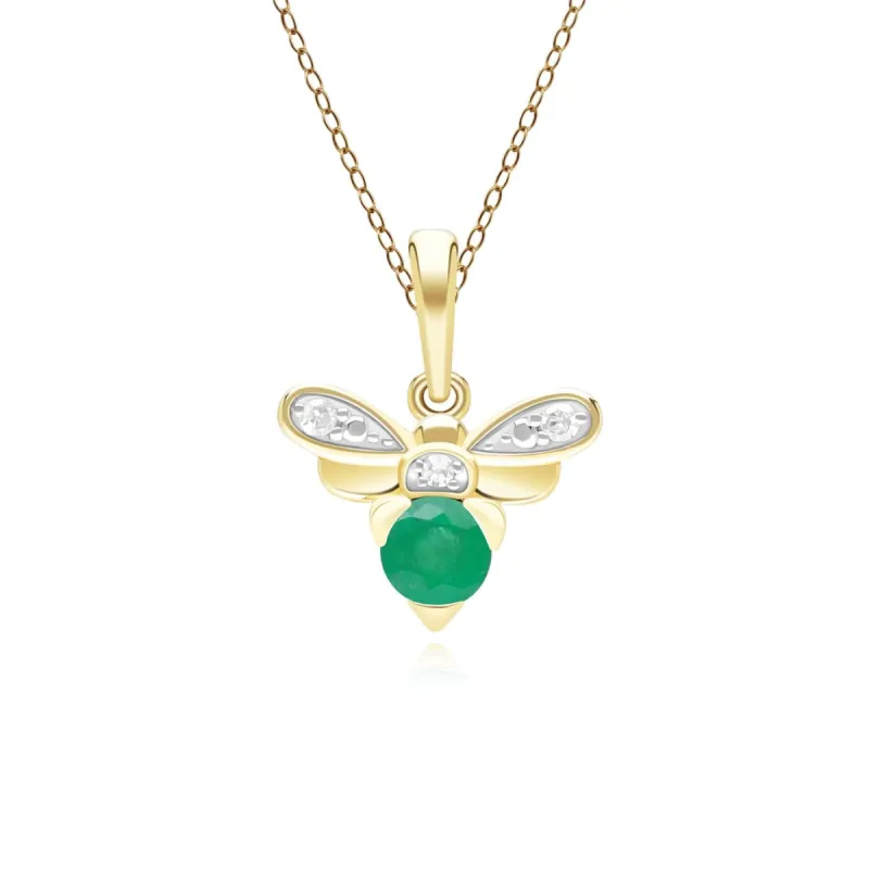Honeycomb Inspired Emerald and Diamond Bee Pendant Necklace in 9ct Yellow Gold sold by Gemondo Jewellery
