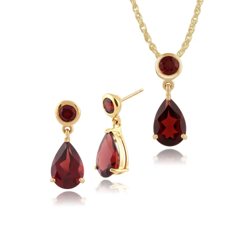 Classic Pear & Round Garnet Drop Earrings & Pendant Set in 9ct Gold sold by Gemondo Jewellery