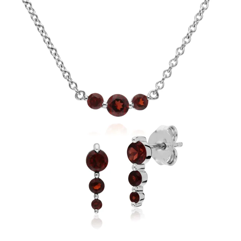 Classic Round Garnet Three Stone Gradient Earrings & Necklace Set in 925 Sterling Silver sold by Gemondo Jewellery