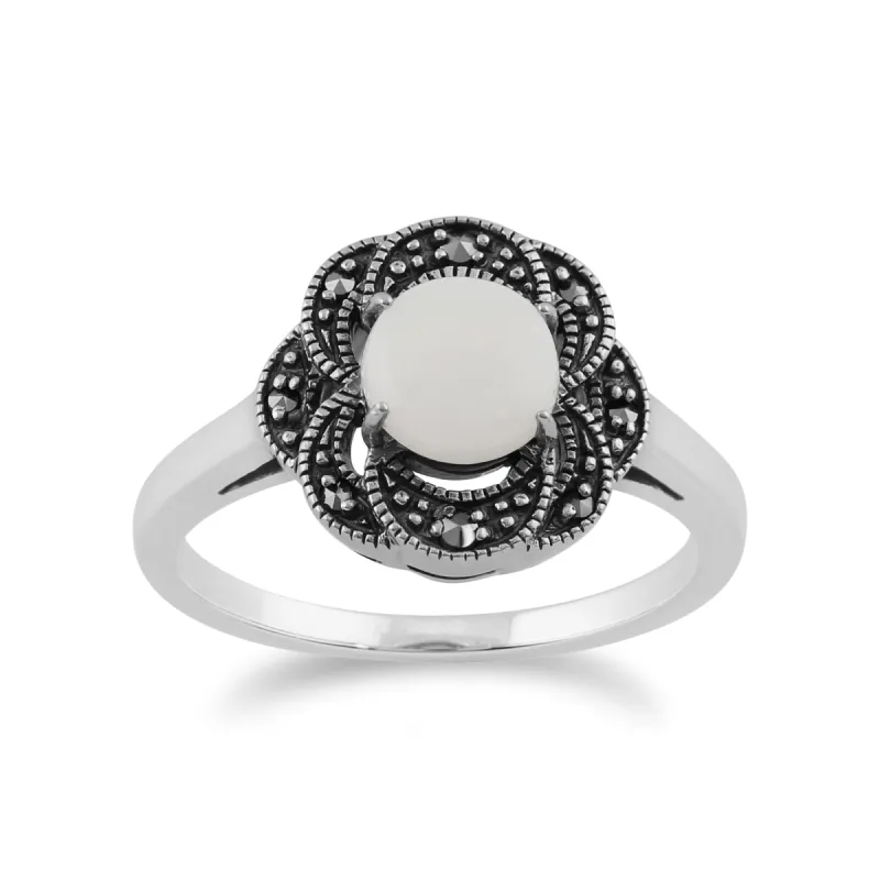 Gemondo 925 Sterling Silver 0.55ct Opal & Marcasite Floral Art Deco Ring sold by Gemondo Jewellery