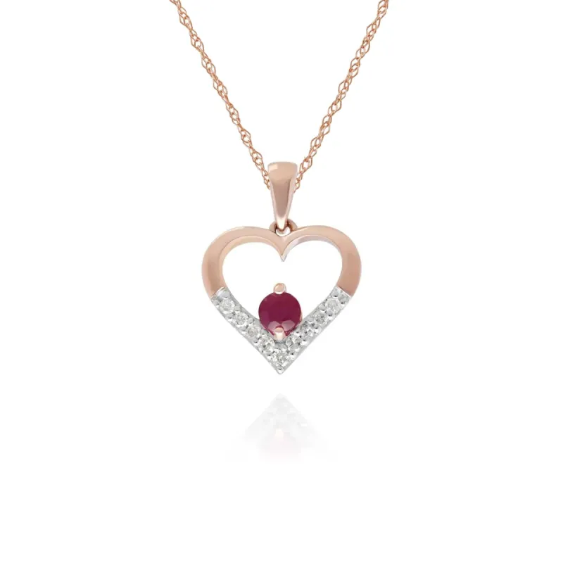 Classic Ruby & Diamond Love Heart Pendant in 9ct Yellow Gold sold by Gemondo Jewellery
