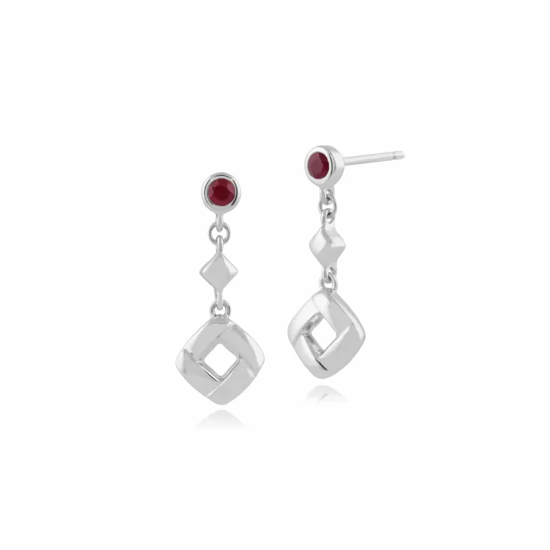 Classic Round Ruby Square Crossover Drop Earrings in 925 Sterling Silver sold by Gemondo Jewellery