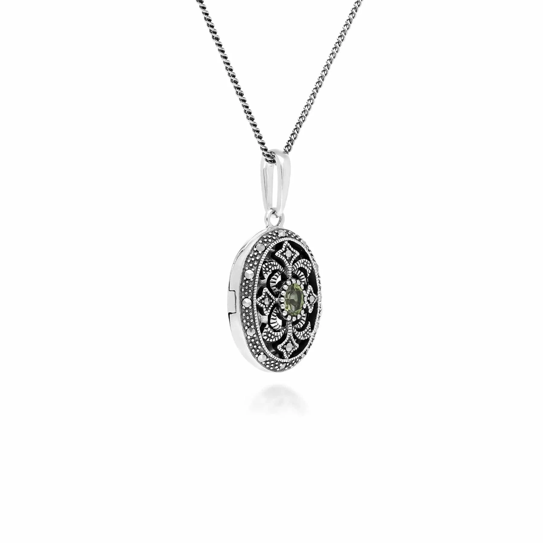 Art Nouveau Style Oval Peridot & Marcasite Locket Necklace in 925 Sterling Silver sold by Gemondo Jewellery product image thumbnail 2