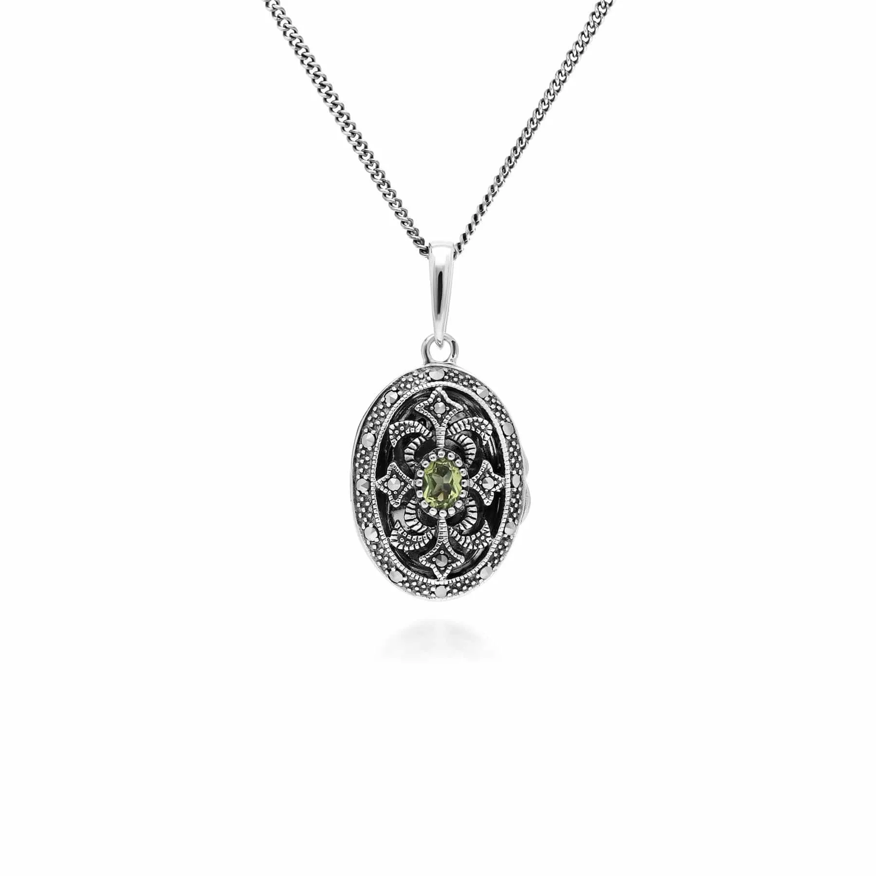 Art Nouveau Style Oval Peridot & Marcasite Locket Necklace in 925 Sterling Silver sold by Gemondo Jewellery