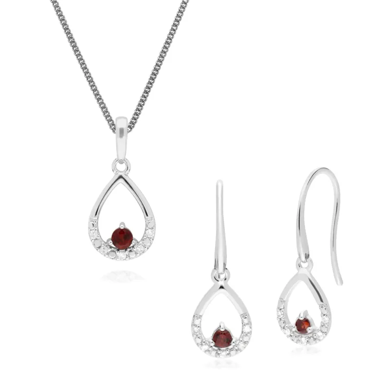 Classic Round Garnet & Diamond Tear Drop Earrings & Pendant Set in 9ct White Gold sold by Gemondo Jewellery
