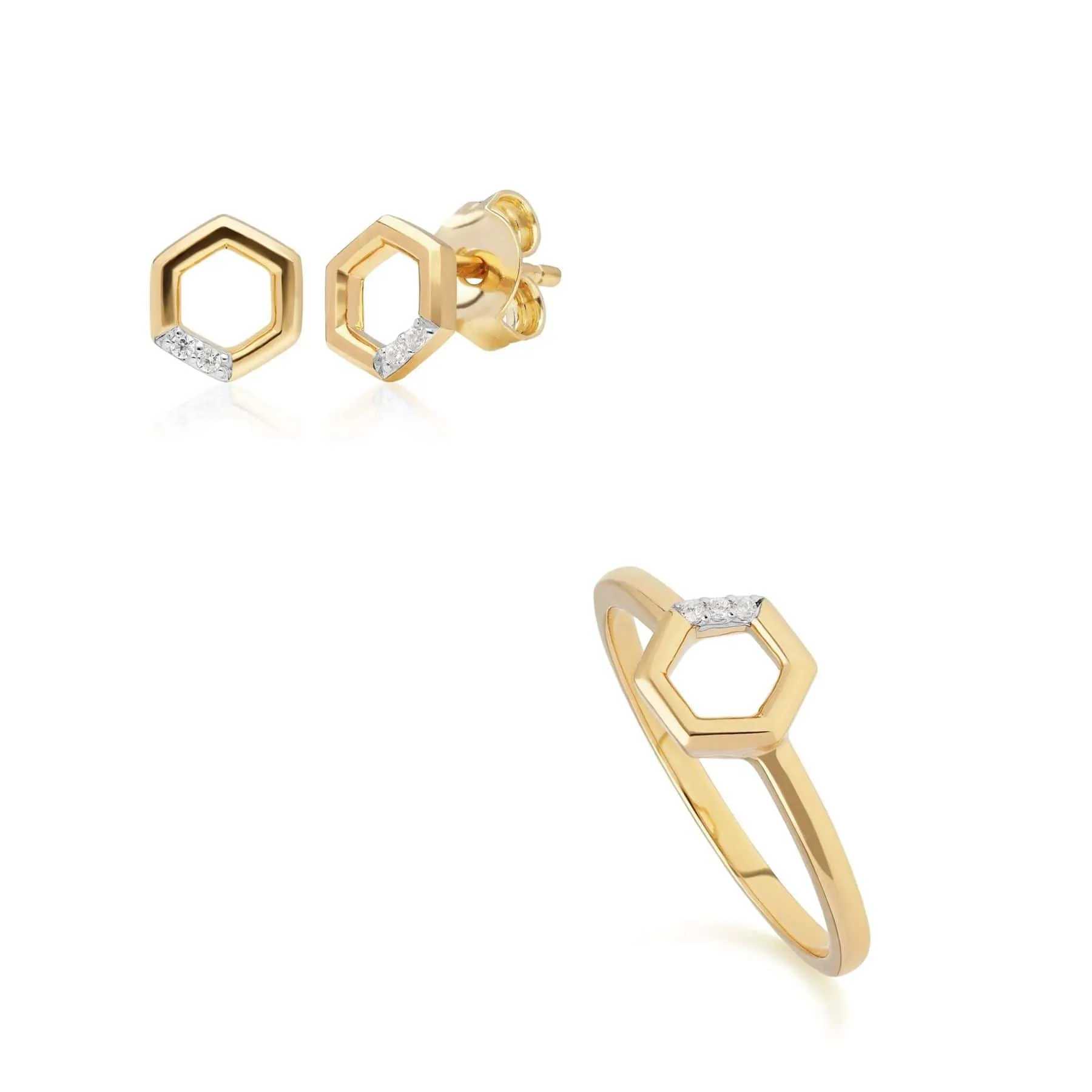 Diamond Pave Hexagon Stud Earring & Ring Set in 9ct Yellow Gold sold by Gemondo Jewellery