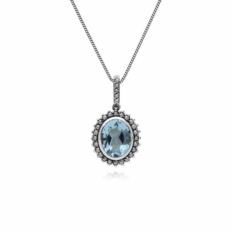 Art Deco Style Oval Blue Topaz & Marcasite Halo Pendant in 925 Sterling Silver sold by Gemondo Jewellery