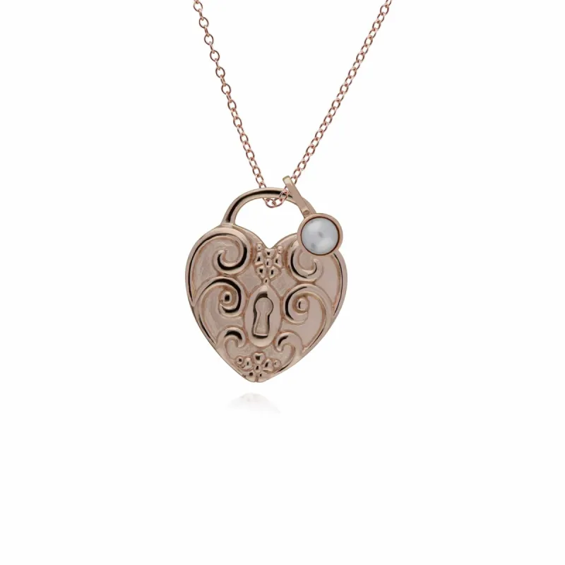 Classic Swirl Heart Lock Pendant & Pearl Charm in Rose Gold Plated 925 Sterling Silver sold by Gemondo Jewellery