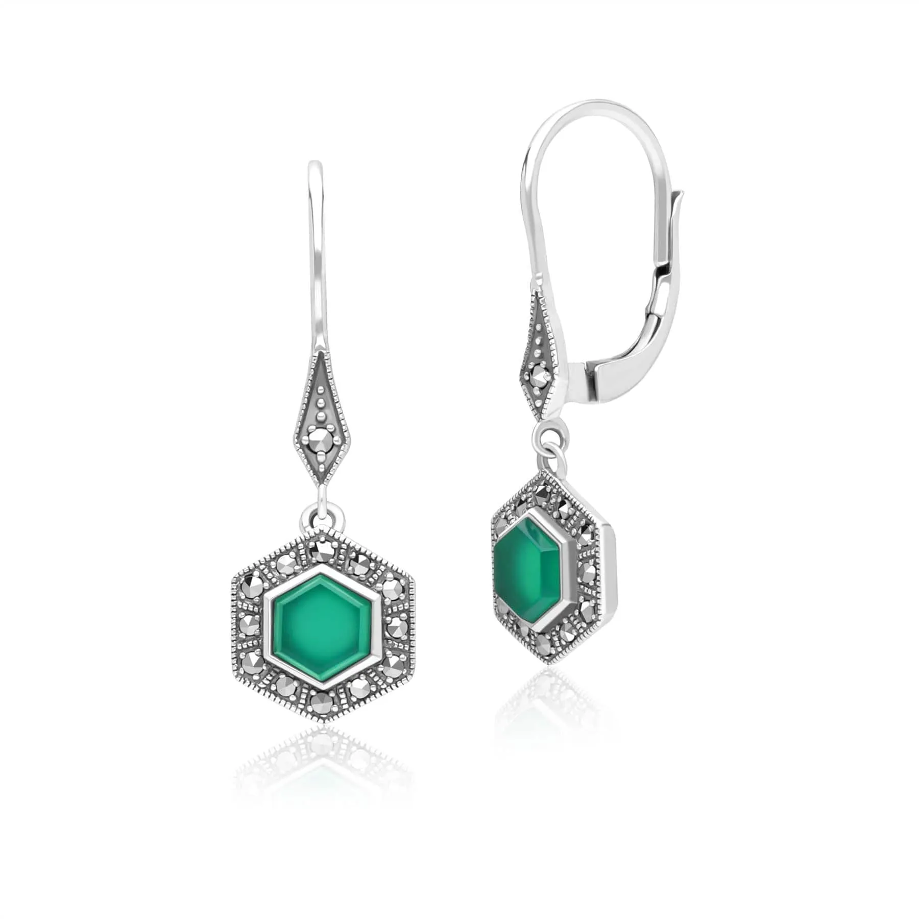 Art Deco Style Hexagon Chalcedony and Marcasite Drop Earrings in Sterling Silver sold by Gemondo Jewellery