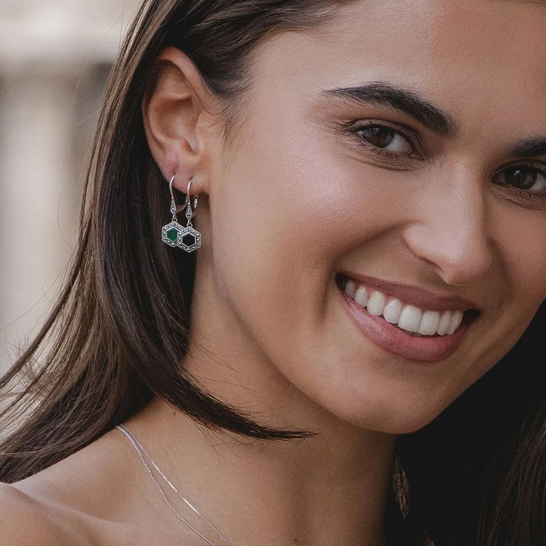 Art Deco Style Hexagon Chalcedony and Marcasite Drop Earrings in Sterling Silver sold by Gemondo Jewellery product image thumbnail 2