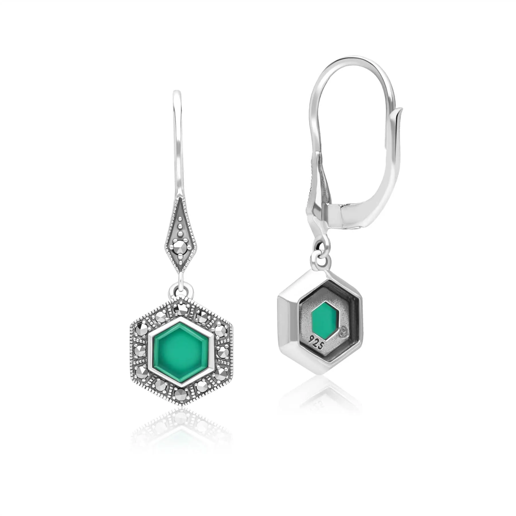 Art Deco Style Hexagon Chalcedony and Marcasite Drop Earrings in Sterling Silver sold by Gemondo Jewellery product image thumbnail 3