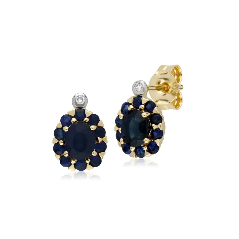 Cluster Round Sapphire & Diamond Oval Stud Earrings in 9ct Yellow Gold sold by Gemondo Jewellery