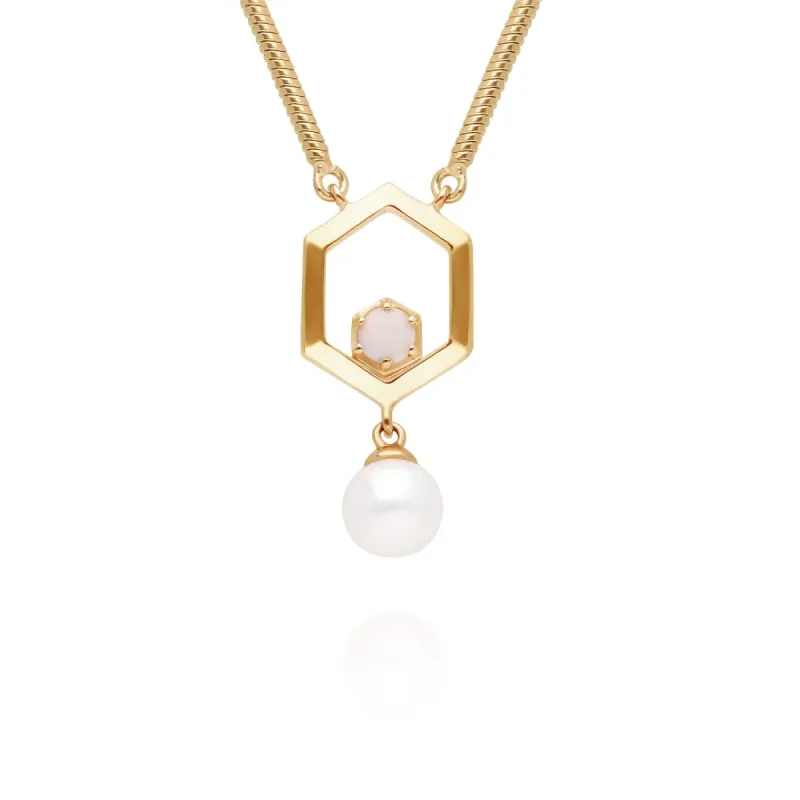 Modern Pearl & Opal Hexagon Drop Necklace in Gold Plated Silver sold by Gemondo Jewellery