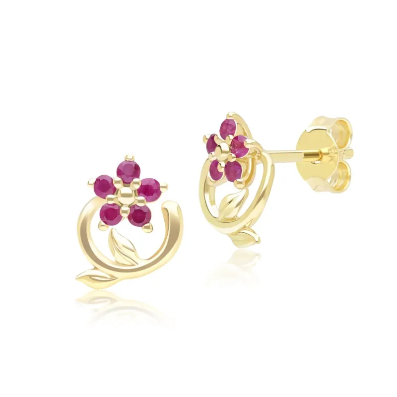 Floral Vine Ruby Stud Earrings in 9ct Yellow Gold sold by Gemondo Jewellery