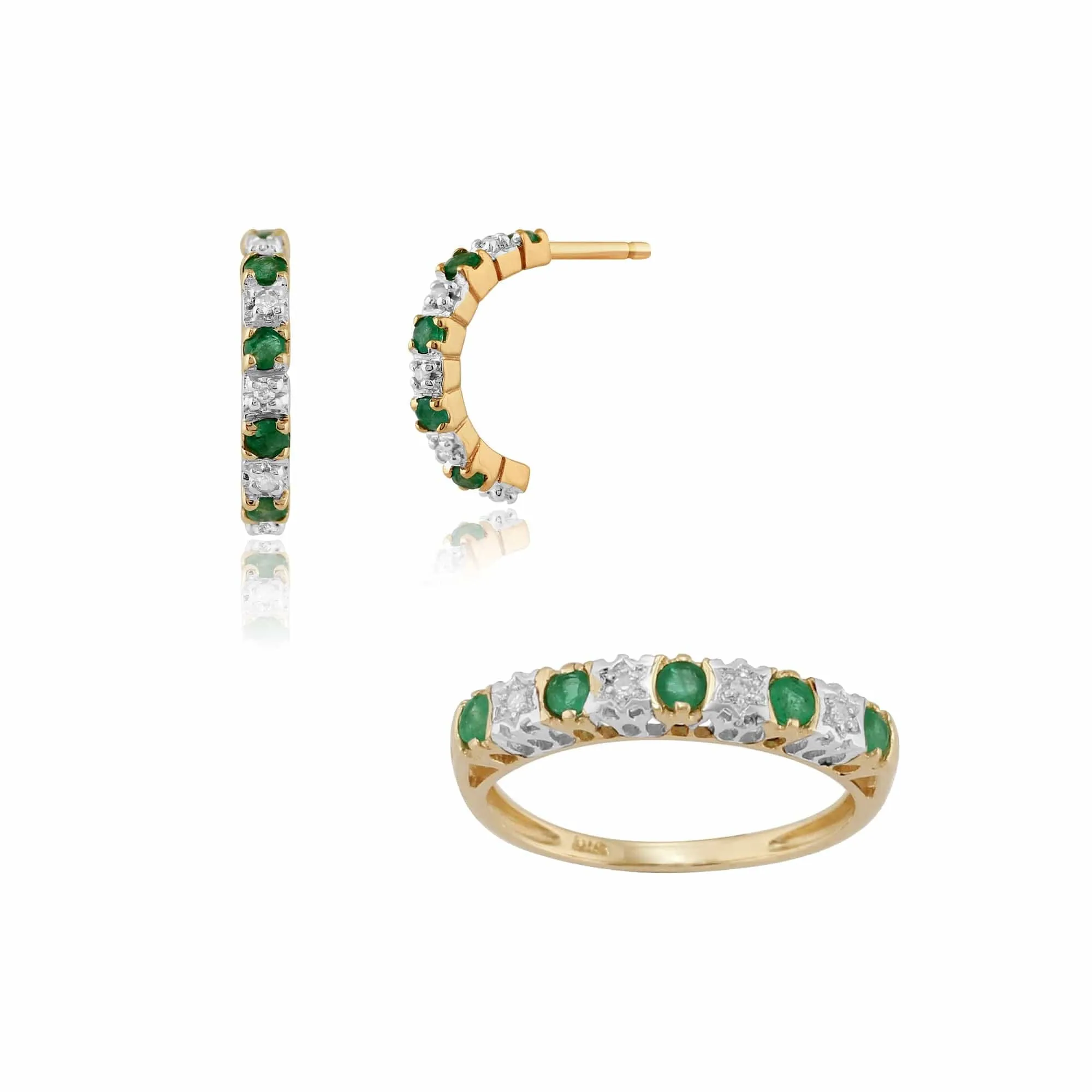 Classic Round Emerald & Diamond Half Hoop Earrings & Half Eternity Ring Set in 9ct Yellow Gold sold by Gemondo Jewellery