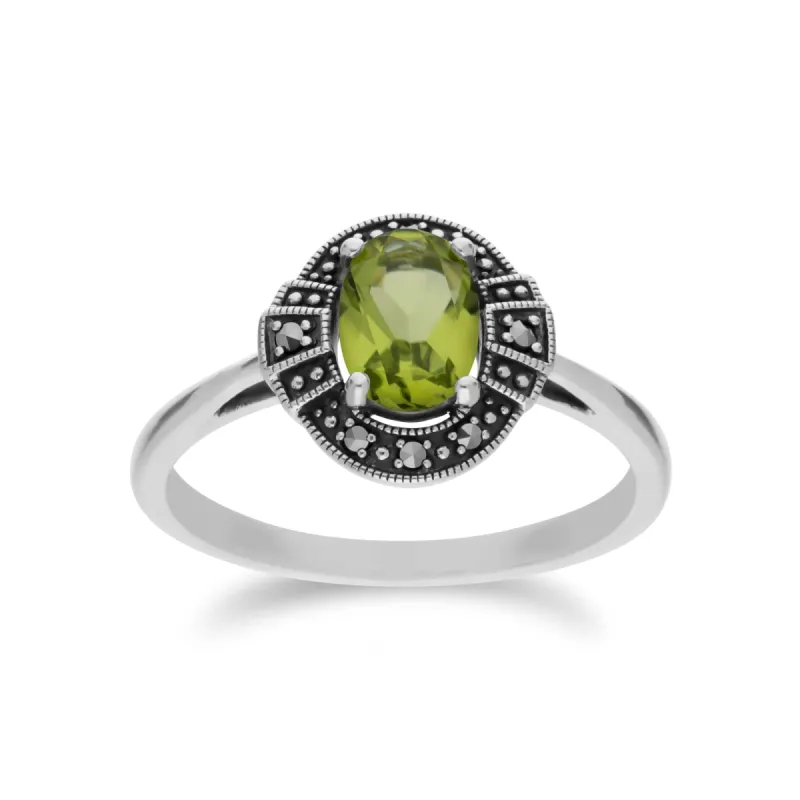 Art Deco Style Oval Peridot & Marcasite Halo Ring in 925 Sterling Silver sold by Gemondo Jewellery