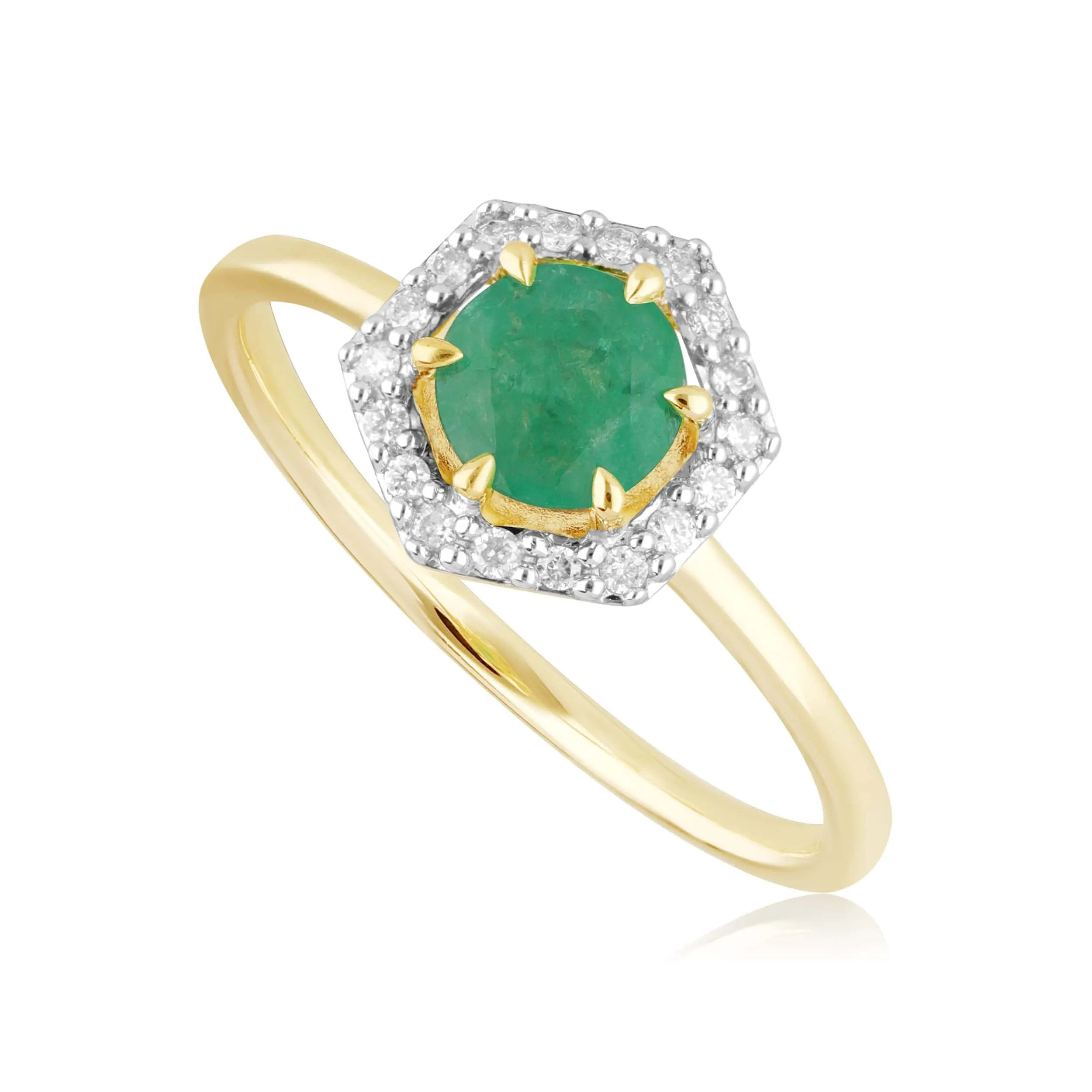 18ct Yellow Gold 0.38ct Emerald & Diamond Halo Engagement Ring sold by Gemondo Jewellery