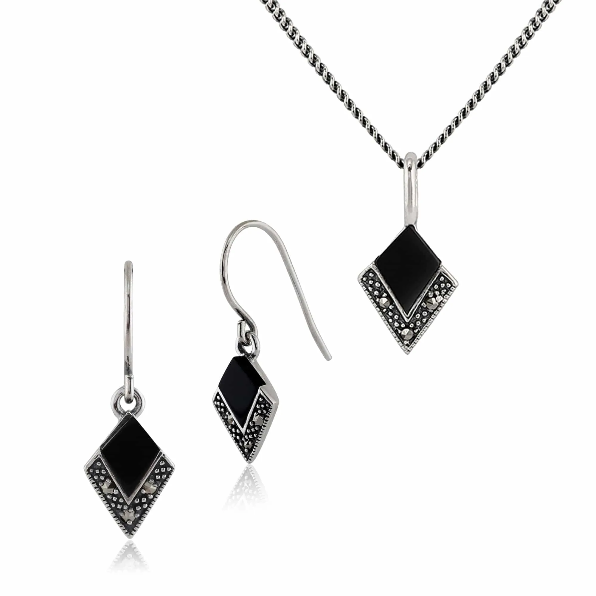 Art Deco Style Style Black Onyx & Round Marcasite Kite Drop Earrings & Pendant Set in 925 Sterling Silver sold by Gemondo Jewellery