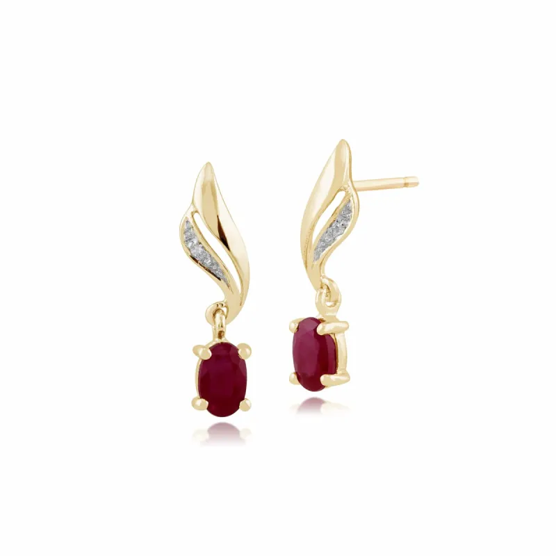 Classic Oval Ruby & Diamond Twist Drop Earrings in 9ct Yellow Gold sold by Gemondo Jewellery